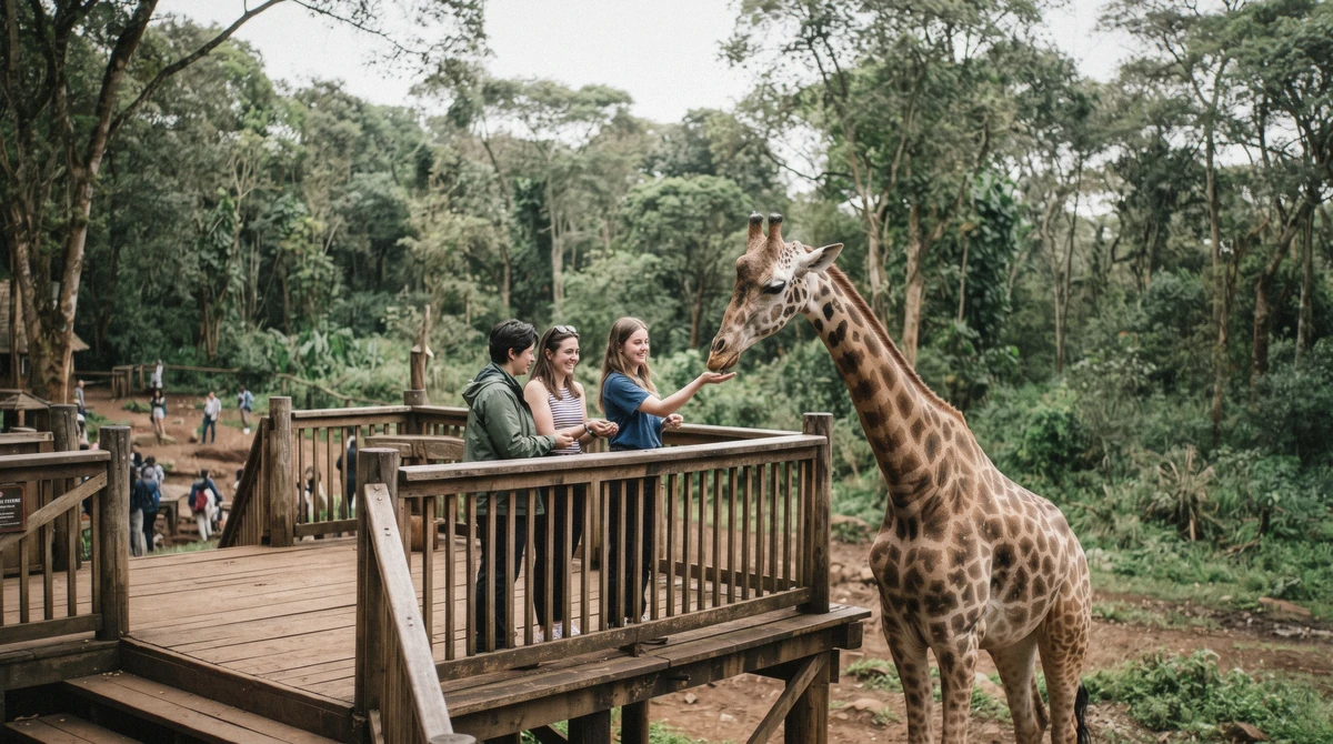 Visitors at the Giraffe Centre feeding platform in Nairobi, where the entrance fee is KSh 1,500 for non-resident adults