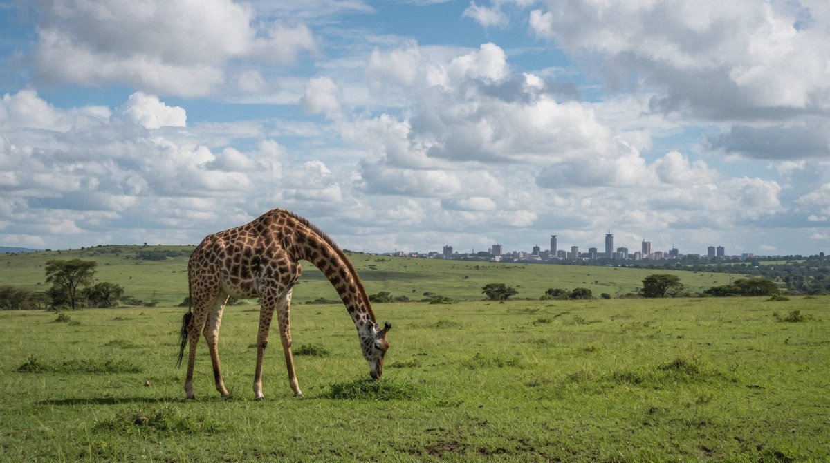 A Maasai giraffe on fresh green grass in Nairobi National Park in January, the best time to visit, skyline on the horizon