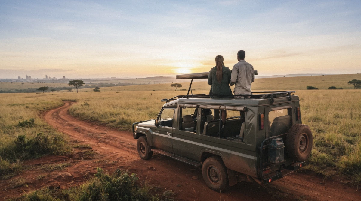 A first-time visitor watching quietly from the back of an open safari vehicle as lions rest in the grass on a first safari in Nairobi National Park