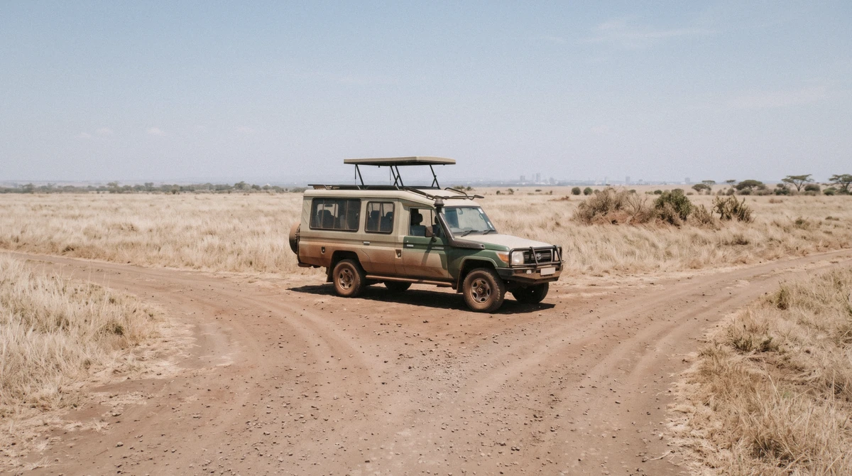 A safari vehicle moving smoothly along a Nairobi National Park track at dawn, avoiding the common Nairobi safari mistakes