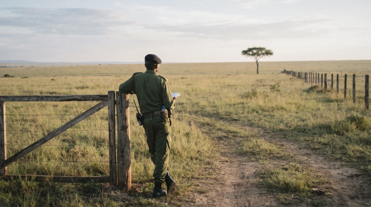 A Kenya Wildlife Service ranger vehicle passing safari tourists on a marked road in Nairobi National Park, illustrating how safe the park is for visitors