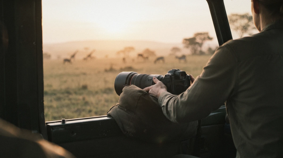A safari vehicle framed against Nairobi's skyline at dawn, the classic composition for Nairobi National Park photography