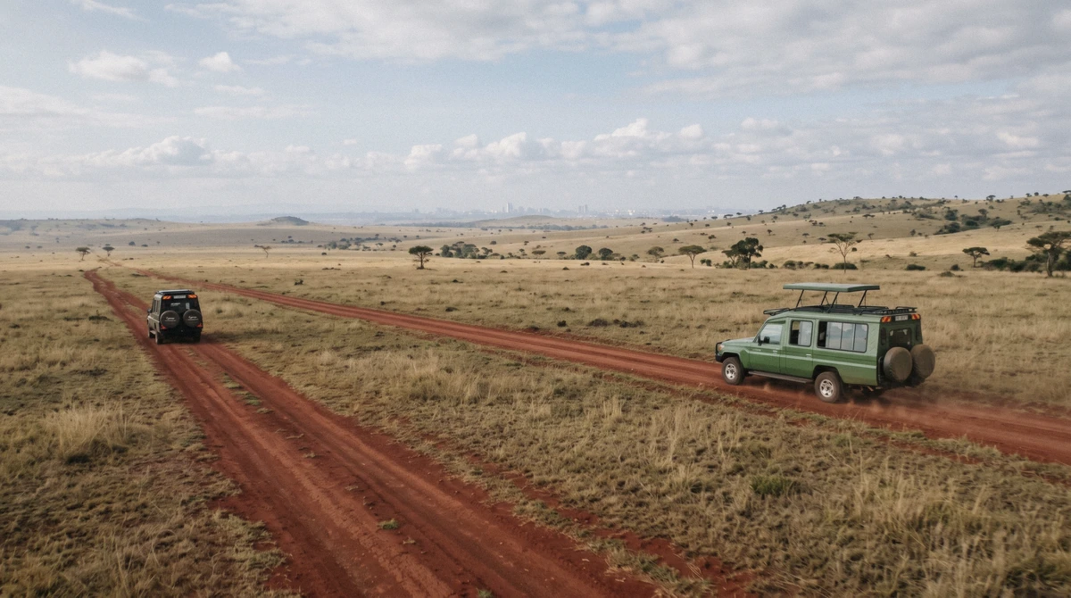 A shared open-top vehicle full of travelers on a Nairobi National Park game drive, illustrating private vs group safari nairobi