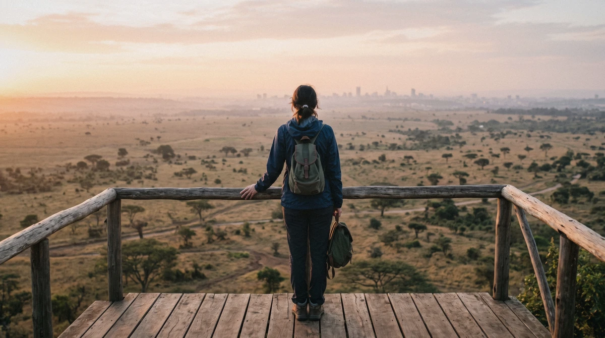 A solo traveler standing at the roof hatch of an open-top vehicle on a nairobi safari alone, camera raised toward the plains
