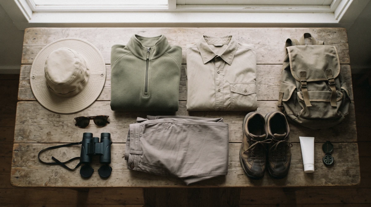 Flat lay of neutral safari clothing and gear laid out for a day trip, showing what to wear on safari in Nairobi