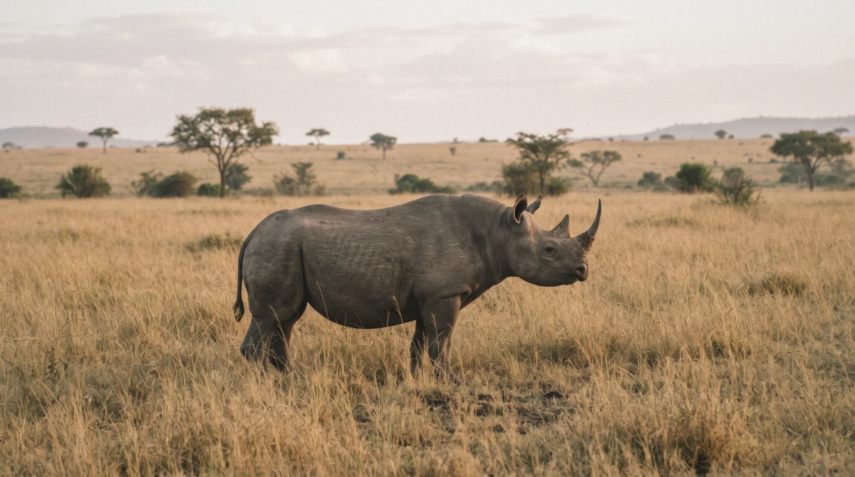 A black rhino grazing near the forest edge in Nairobi National Park, part of what animals are in Nairobi National Park safari sightings