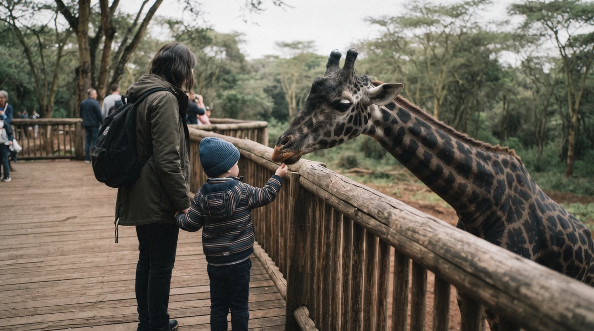 A child looking out from an open-top safari vehicle at grazing rhinos in Nairobi National Park, a family visit to the zoo in Nairobi Kenya with kids
