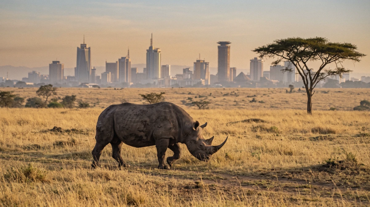Black rhino grazing against the Nairobi city skyline at sunrise, the view that answers whether Nairobi National Park is worth it