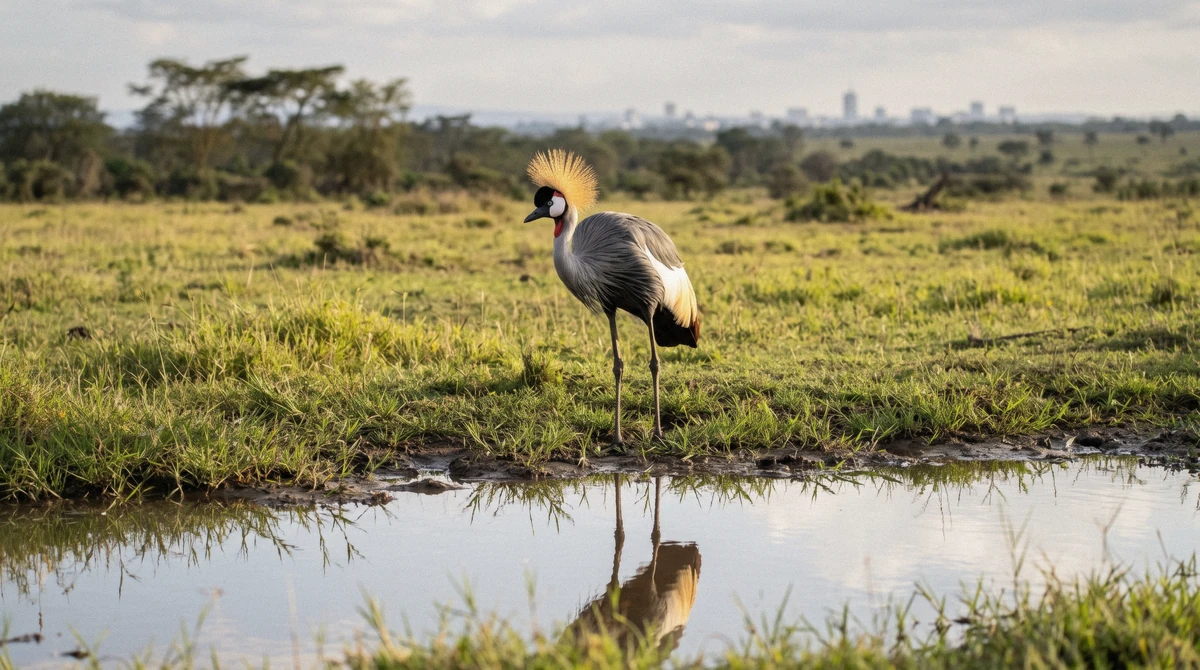 A grey crowned crane beside the access road near the park gates, seen while working out how to get to Nairobi National Park