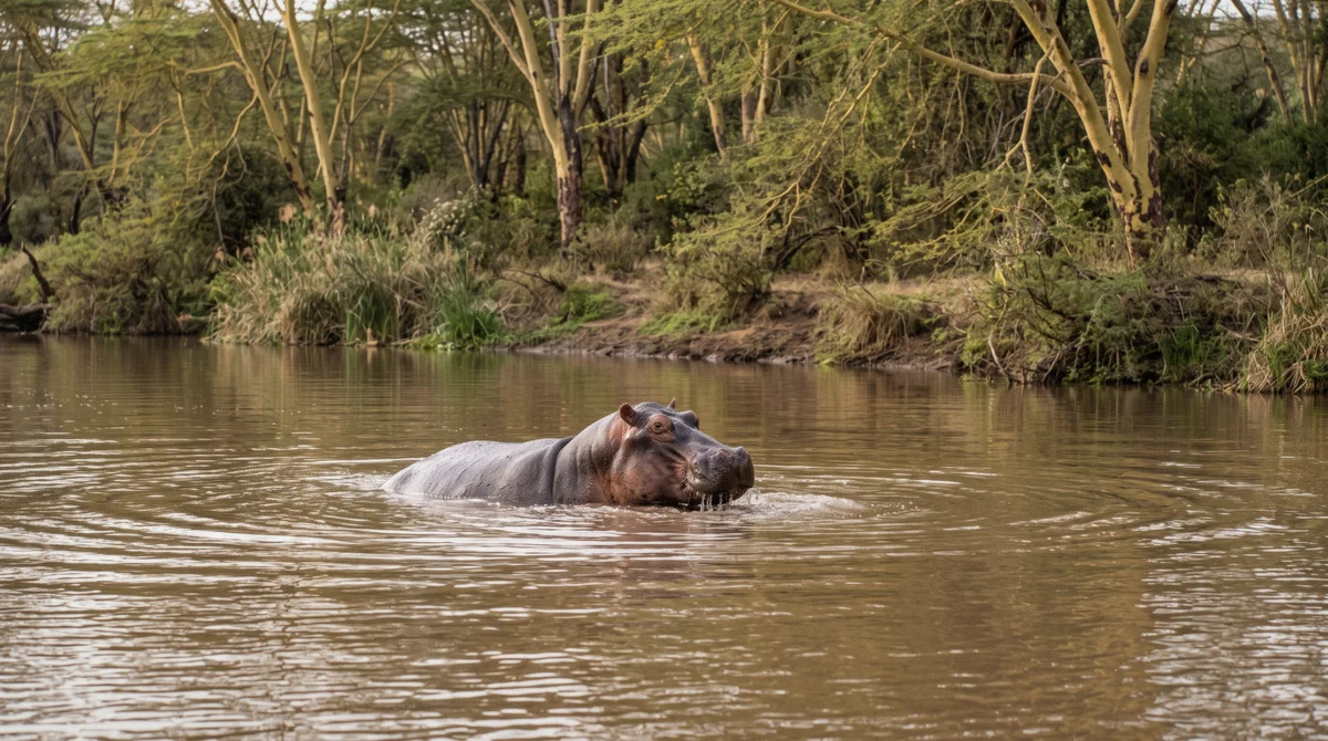 A hippo surfacing at the Hippo Pools stop in Nairobi National Park, a highlight of a short layover safari