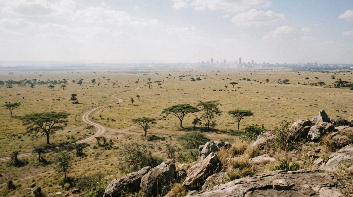 Panoramic view over Nairobi National Park's plains and city skyline from Impala Observation Point, the starting point for this Nairobi National Park guide